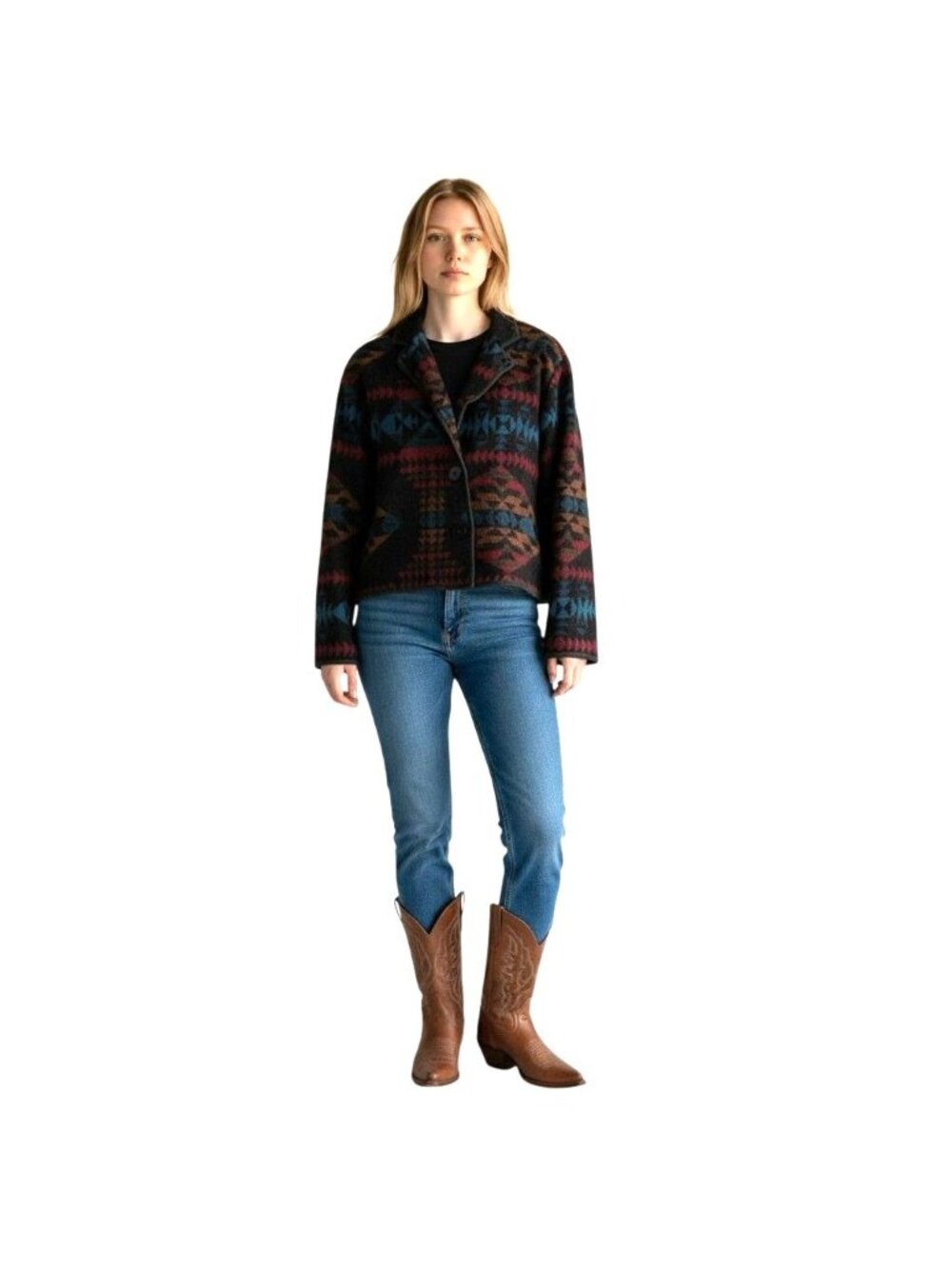 Vintage New Identity Womens Wool Blend Cropped Jacket Aztec Pattern L